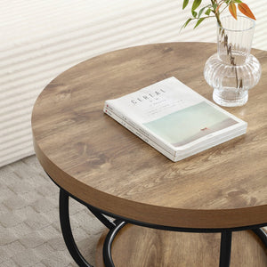 English Elm 31" Round Industrial Coffee Table Wood Grain Veneer Top Two Tier Open Shelf Living Room Black W1117P414751