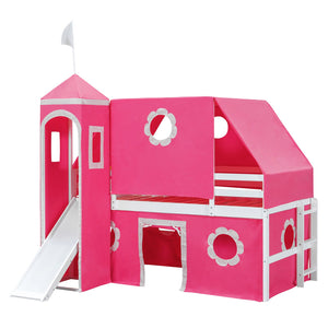 English Elm Twin Castle Loft Bed with Slide Tent Tower and Play Space for Kids Rooms Pink N708P249511H