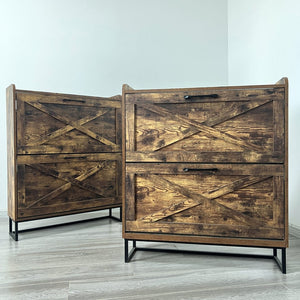 English Elm Shoe Rustic Brown Flip Drawer Cabinet with Metal Legs — Slim 24–32 Pair Organizer, Anti-Tip Entryway W1347P183668