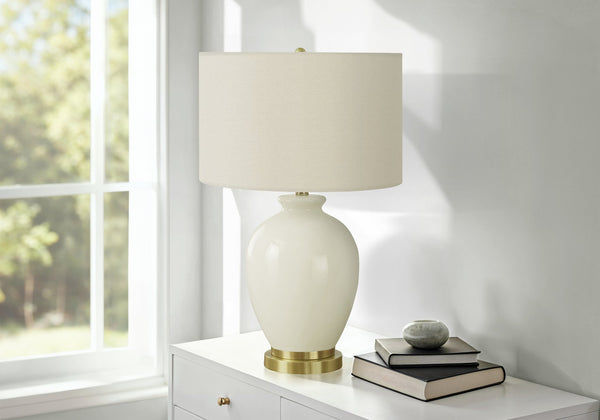 English Elm Lighting, Textured Ceramic Table Lamp with Fabric Shade and 3-Way Rotary Switch for Ambient Glow Cream 17 L x 17 W x 18 H B2710P220090