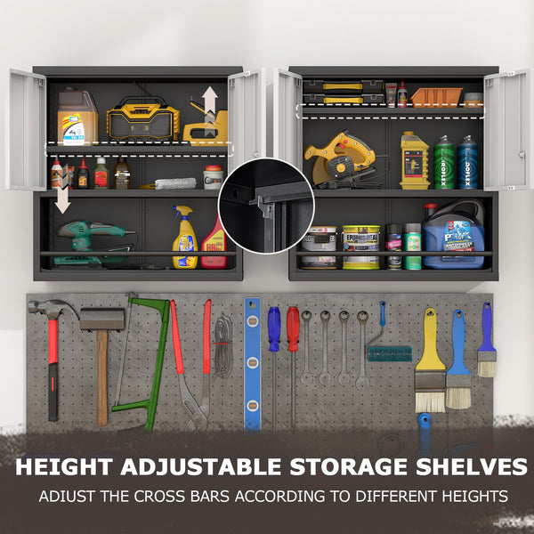English Elm Metal Wall Mounted Steel Cabinet Lockable Doors Adjustable Shelves Kitchen Office Storage Black+Grey T3625P366860