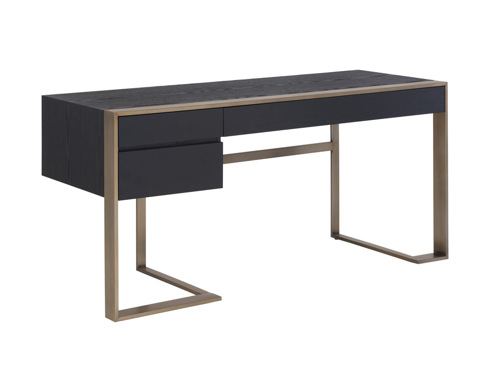 Sunpan Dalton Modern Desk in Black Oak Veneer with Antique Brass Frame - Stylish Storage Solution for All Spaces
