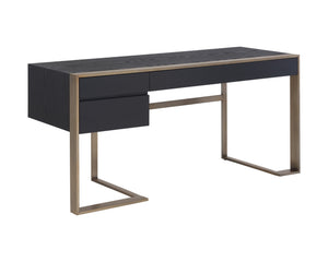 Sunpan Dalton Modern Desk in Black Oak Veneer with Antique Brass Frame - Stylish Storage Solution for All Spaces