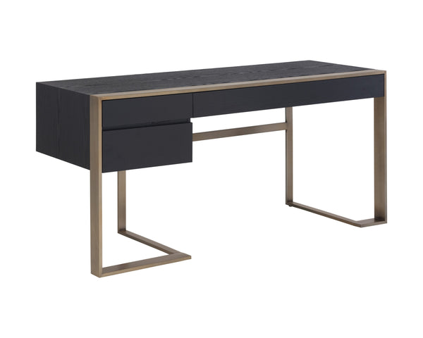 Sunpan Dalton Modern Desk in Black Oak Veneer with Antique Brass Frame - Stylish Storage Solution for All Spaces