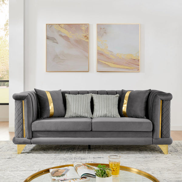 English Elm 89 Inch Gray Velvet Tufted Sofa Gold Steel Trim Victorian Mid-century Living Room W1191S00103
