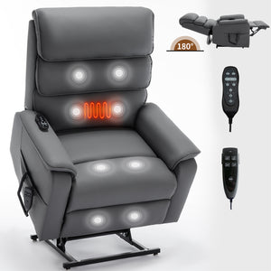 English Elm Dual Motor Power Lift Recliner with Massage Heat and 180 Degree Brown Lounge Chair Grey W1803S00062