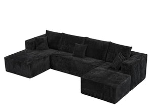 English Elm 133.86" Cloud Modular U-shaped Sectional Ribbed Corded Fabric Deep Seat Living Room Sofa Black W668S00009