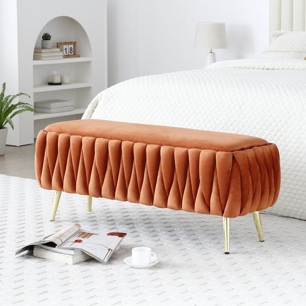 English Elm Oval Teddy Fabric Storage Bench with Gold Legs — 43.4" Large Upholstered Ottoman for Entryway Seating and Hidden Organization Orange W1117P184676