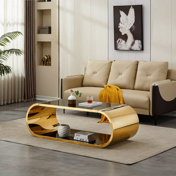 English Elm 57" Gold Stainless Oval Coffee Table with Black Tempered Glass, 2-Tier Storage, Modern Chic Design W3456S00027