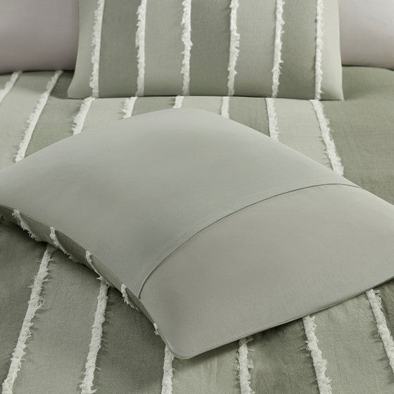English Elm Full/Queen Boho Striped Cotton Duvet Cover Set with Green Clip Jacquard Trim, OEKO-TEX, Machine Washable B035P217804