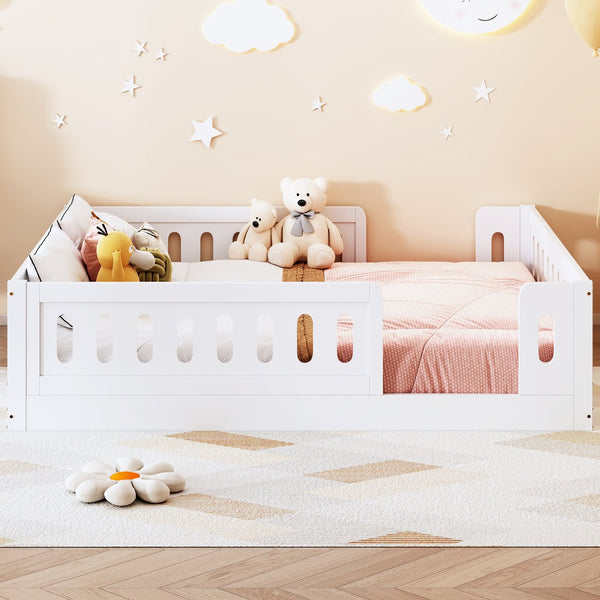 English Elm Wood Full Size Kids Platform Bed Solid Pine Guardrail Low Profile Safe Sleep Frame White N709P321458K