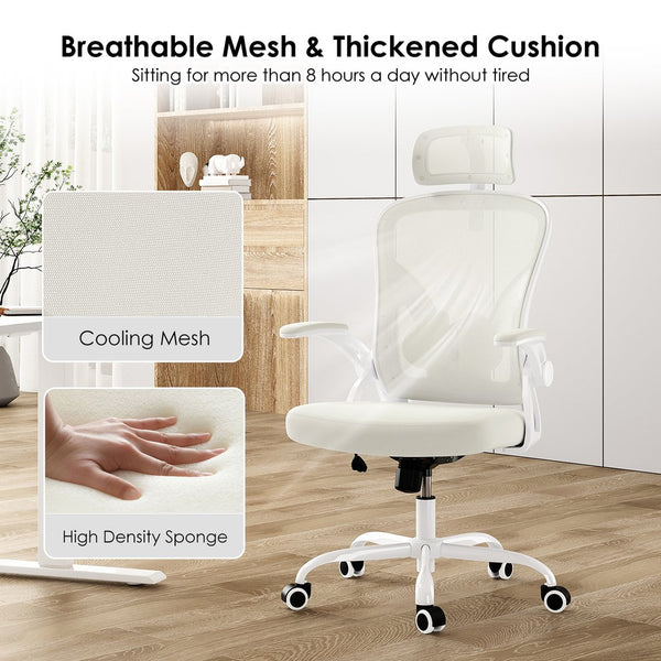 English Elm Ergonomic High Back Mesh Desk Chair with Flip up Arms and Adjustable Lumbar Support Beige,White T3623P434264