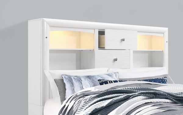 English Elm CIVIC Solid Wood Full Bed with Built-In Storage Drawers, Slatted Support, Felt-Lined Headboard Drawers White 65.35 L x 25 W x 5.71 H B201S00041