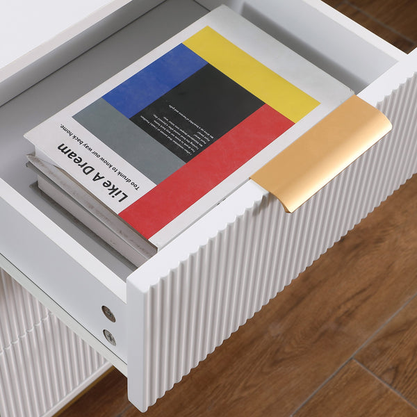 English Elm Nightstand with Drawer | 3-Tier Modern Bedside Table with Hidden Drawer, Open Shelves, Sturdy Build White+Gold 27.4 L x 17.9 W x 6.3 H W3151P345786