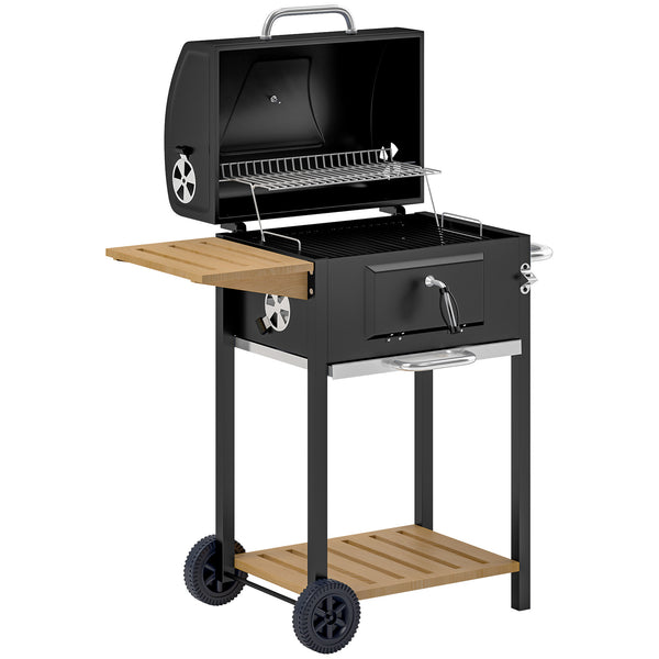 English Elm Black Charcoal Bbq Grill with Adjustable Heat Control Folding Side Table and Shelf T3971P420650