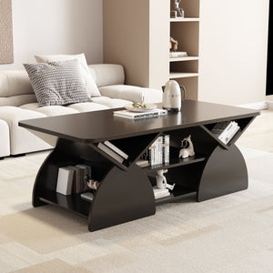 English Elm Engineered rounded corner rectangular coffee table with 6 cubbies, spacious tabletop, durable melamine finish Black W2899P372760