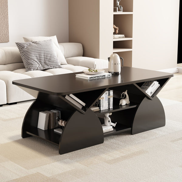 English Elm Engineered rounded corner rectangular coffee table with 6 cubbies, spacious tabletop, durable melamine finish Black W2899P372760