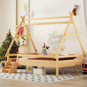 English Elm Twin House Shaped Platform Bed Solid Pine Frame with Built in Stairs for Kids Natural W1580P354721