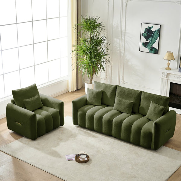 English Elm 80.7 Inch Plush Teddy Velvet 3 Seat Sofa Solid Wood Frame with Six Included Cushions Army Green W2564S00069