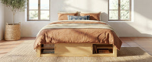 English Elm Queen Platform Bed with Four Storage Drawers Footboard Cubby Modern Low Profile Frame Natural LP000138AAN