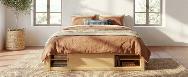 English Elm Queen Platform Bed with Four Storage Drawers Footboard Cubby Modern Low Profile Frame Natural LP000138AAN