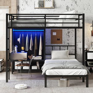 English Elm Full Xl Over Twin Metal Bunk Bed With Foldable Desk, Led Closet & Noise Reduction - Space Saver! W1580S00113