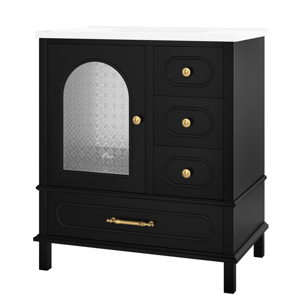 English Elm 30" Freestanding Bathroom Vanity Solid Wood Cabinet Ceramic Basin 3 Drawer Storage Black W1580P382511