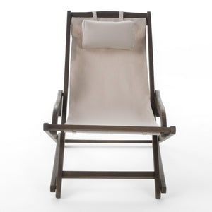 English Elm Christopher Knight Home® - NIKKI Sling Chair with Head Pillow — Portable Wood Frame Beach & Pool Lounger, Durable Polyester Fabric Beige+Grey 57 L x 26.75 W x 8.25 H 60059.00EU