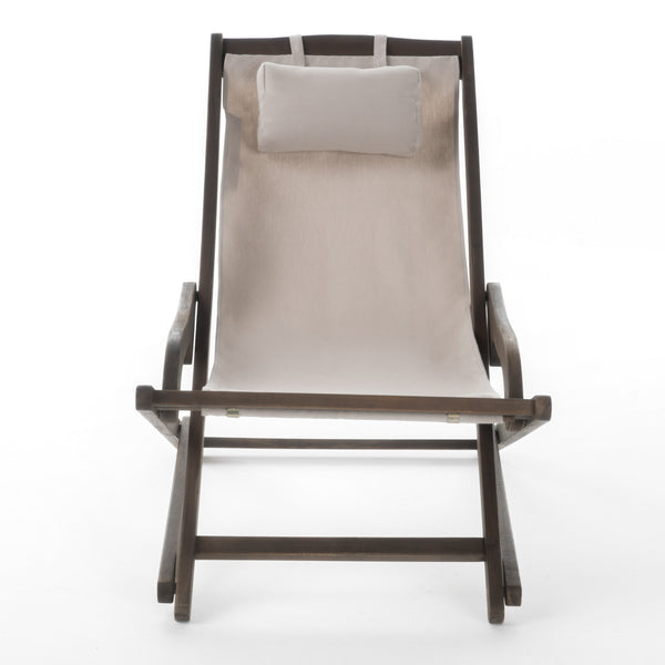 English Elm Christopher Knight Home® - NIKKI Sling Chair with Head Pillow — Portable Wood Frame Beach & Pool Lounger, Durable Polyester Fabric Beige+Grey 57 L x 26.75 W x 8.25 H 60059.00EU
