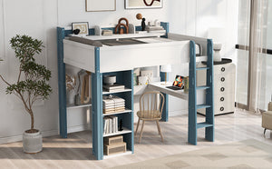 English Elm Full Size Wood Loft Bed With Desk, Storage Shelves & Clothes Rails - Modern Space-Saving Design N7090005007C