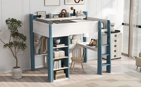 English Elm Full Size Wood Loft Bed With Desk, Storage Shelves & Clothes Rails - Modern Space-Saving Design N7090005007C