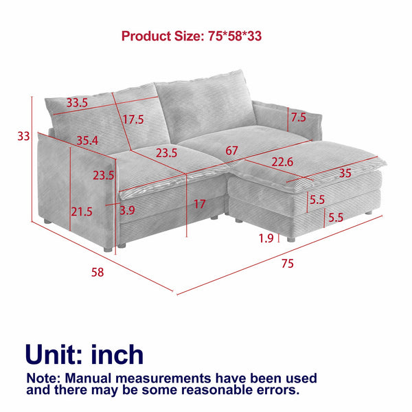 English Elm Corduroy 2-Seater L-Shaped Sectional Sofa With Ottoman & Cushions - Cozy Beige Living Room Comfort W834S00415