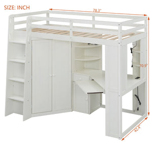 English Elm Twin Loft Bed with Wardrobe Desk Charging Station and Spotlights for Small Rooms Beige White LT000450AAK