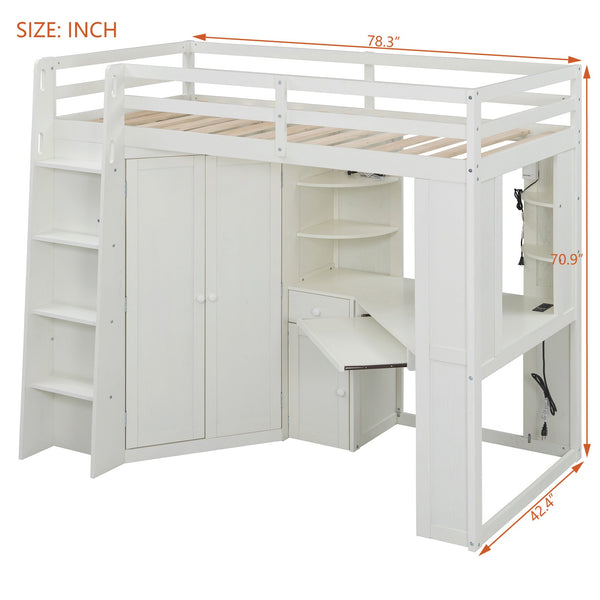 English Elm Twin Loft Bed with Wardrobe Desk Charging Station and Spotlights for Small Rooms Beige White LT000450AAK