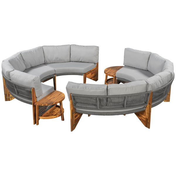 English Elm U_style Circular Patio Sofa Set Pp Rope Woven Steel Frame Acacia Wood Resort Lounge Grey WY000468AAE