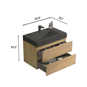 English Elm U091-Alice30W-106 Natural Oak 30" Wall-Mounted Bathroom Vanity with Black One-Piece Basin, Soft-Close Drawers, Eco E1 Construction W1865S00044