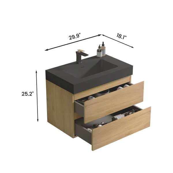 English Elm U091-Alice30W-106 Natural Oak 30" Wall-Mounted Bathroom Vanity with Black One-Piece Basin, Soft-Close Drawers, Eco E1 Construction W1865S00044