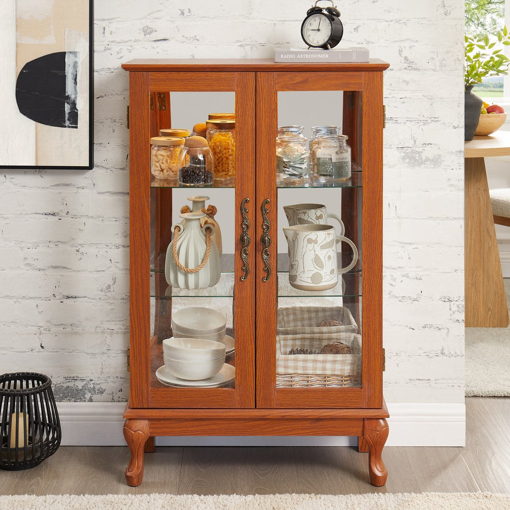 English Elm 2 Doors Curio Cabinet with Mirrored Back, Tempered Glass, Adjustable Shelves, Lighted Display, Dark Oak Finish (98) W2275P300143