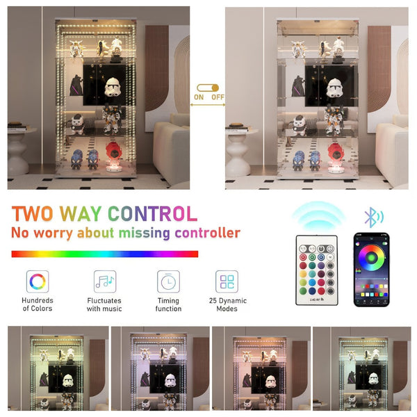 English Elm Tempered Glass Display Cabinet With Bluetooth Led Light, Locking Door, Mirrored Back – Stylish Storage! W3155S00016-GIGA