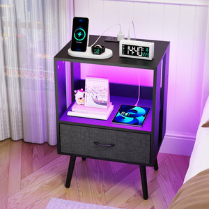 English Elm 2 Pack Modern Nightstands With Led Lighting & Charging Station - Stylish Fabric Drawers Included W1550P272495