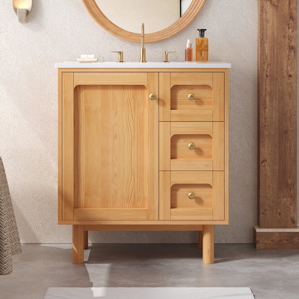 English Elm 30 Inch Bathroom Vanity with Ceramic Sink, Grey Farmhouse Cabinet w/3 Soft-Close Drawers & Storage N710P333972P