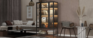 English Elm 67.25'' Tall Steel Curio Cabinet with Led Lighting and Tempered Glass Panels Black SN845P263995B