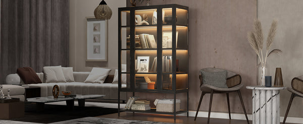English Elm 67.25'' Tall Steel Curio Cabinet with Led Lighting and Tempered Glass Panels Black SN845P263995B