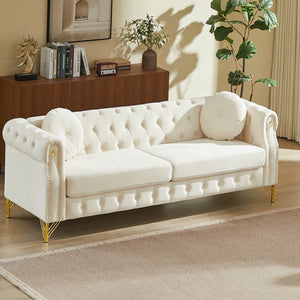 English Elm 82-inch Velvet Chesterfield Sofa Tufted Button Back with Copper Studs and Gold Metal Legs Beige W834S00617