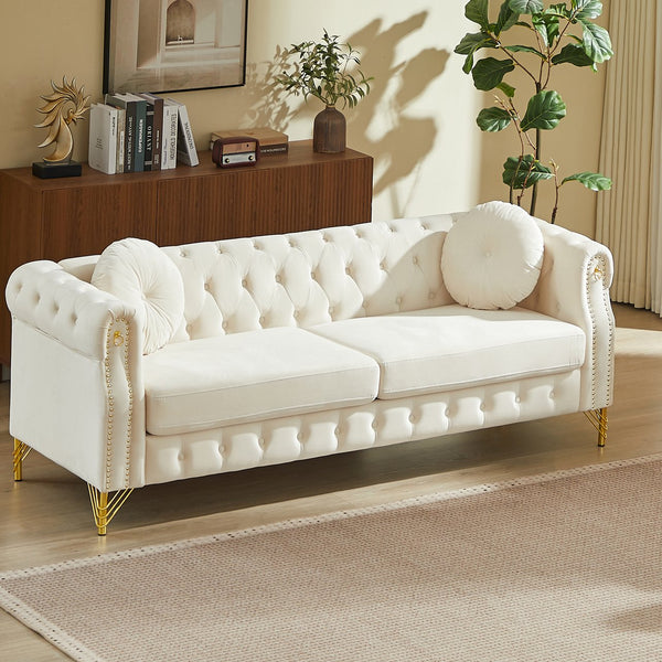 English Elm 82-inch Velvet Chesterfield Sofa Tufted Button Back with Copper Studs and Gold Metal Legs Beige W834S00617