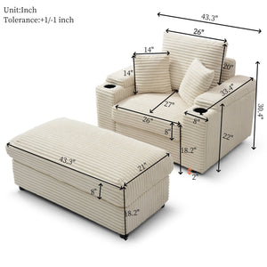 English Elm Oversized Corduroy Accent Chair with Ottoman Neck Pillow and Wide Armrests for Cozy Reading Cream W1117S00250