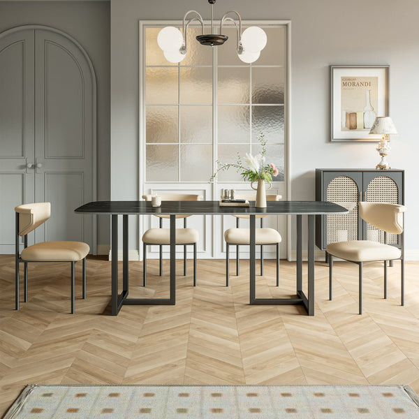 English Elm Carbon Steel Dining Table with Stone Top and Matte Black Frame for Modern Rooms W1002S00002