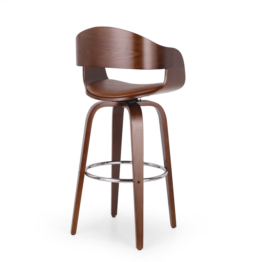 English Elm Christopher Knight Home® - BAR STOOL Mid-Century Modern Faux Leather Swivel with Walnut Veneer Frame and Chrome Footrest Brown 67494.00PUCOGN