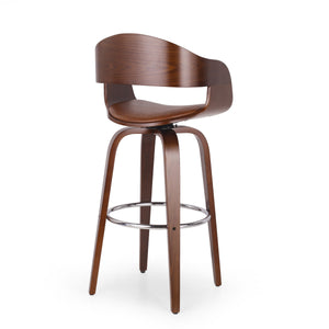 English Elm Christopher Knight Home® - BAR STOOL Mid-Century Modern Faux Leather Swivel with Walnut Veneer Frame and Chrome Footrest Brown 67494.00PUCOGN