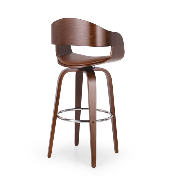 English Elm Christopher Knight Home® - BAR STOOL Mid-Century Modern Faux Leather Swivel with Walnut Veneer Frame and Chrome Footrest Brown 67494.00PUCOGN